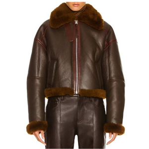 Brown Bomber Faux Shearling Fur Pure Cowhide Leather Jacket For Women