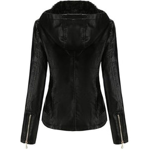 Winter Black Hooded Motorcycle Pure Sheepskin Leather Jacket For Women