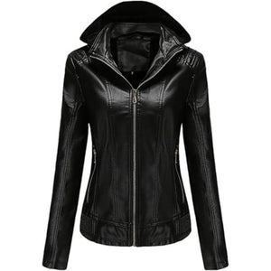 Winter Black Hooded Motorcycle Pure Sheepskin Leather Jacket For Women