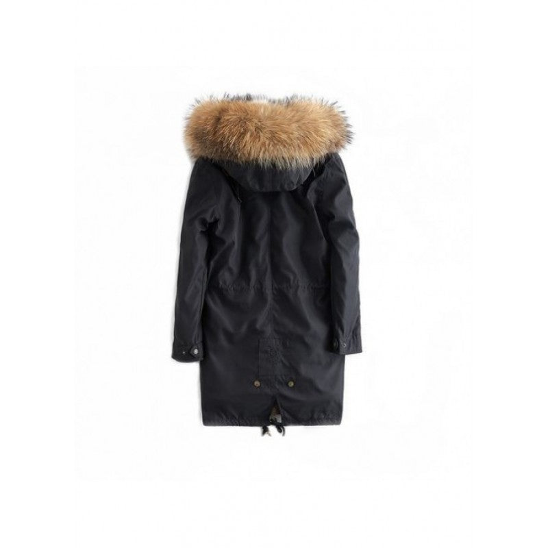 Black Real Raccoon Fur Lining Parka Detachable Hooded Coat For Women