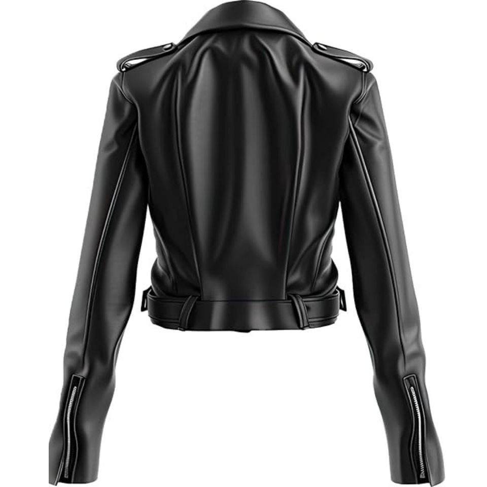 Black Slim-Fit Motorcycle Genuine Sheepskin  Leather Jacket For Women