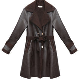 Black Double Faux-Fur Premium Sheepskin Leather Trench Coat For women