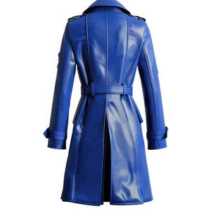 Blue Genuine Sheepskin Soft Belted Mid-Length Trench Coat For Women