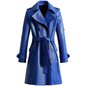 Blue Genuine Sheepskin Soft Belted Mid-Length Trench Coat For Women