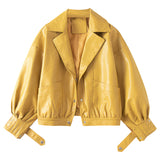 Yellow Stylish Bomber Moto Genuine Lambskin Leather Jacket For Women