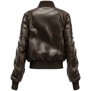 Brown Genuine Sheepskin Knitted-Ribbed Collar Leather Jacket For Women