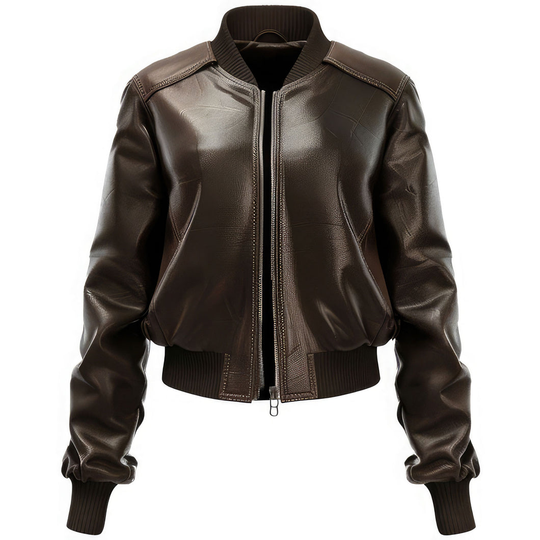 Brown Genuine Sheepskin Knitted-Ribbed Collar Leather Jacket For Women