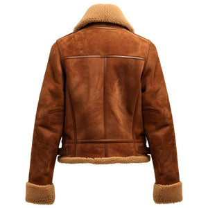 Brown Faux Shearling Fur Lined Collar Suede Leather Jacket For Women