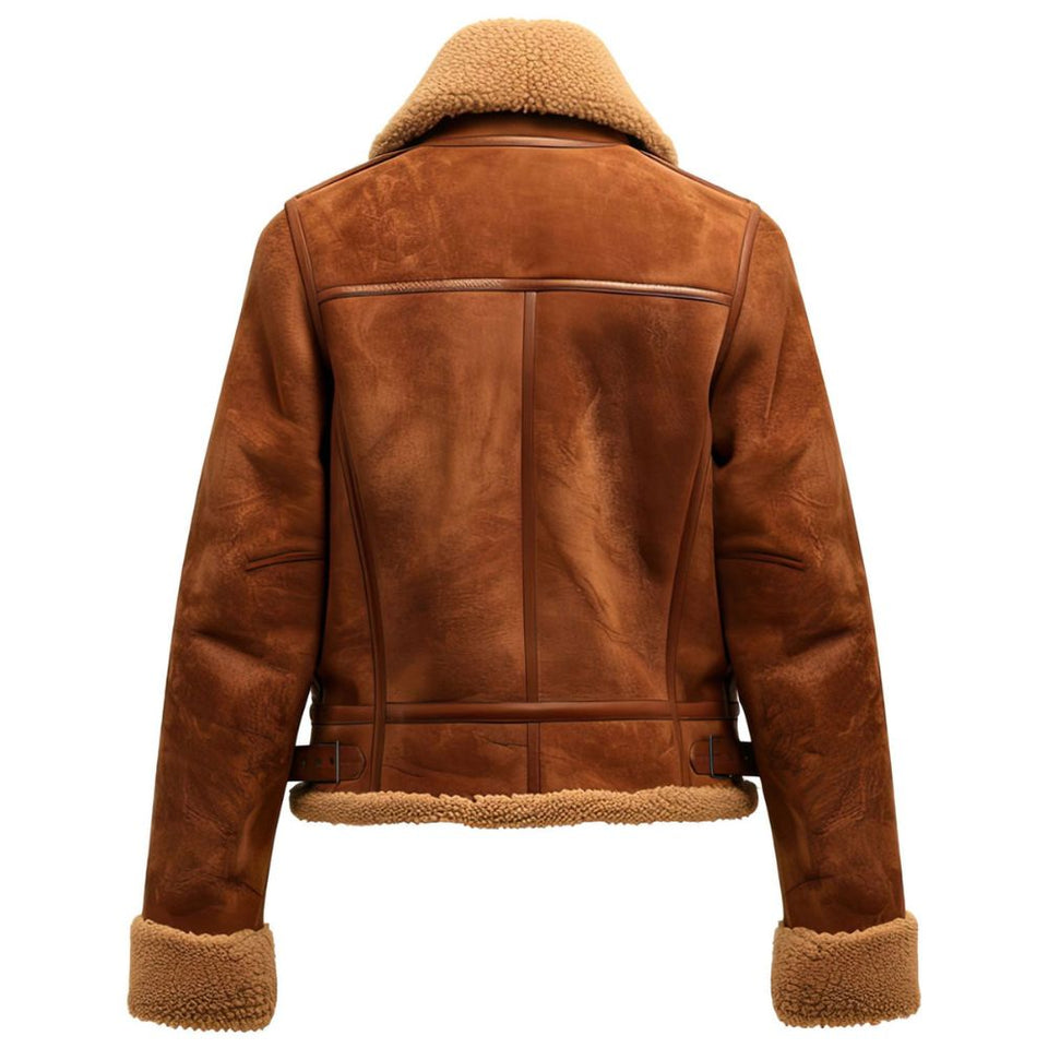 Brown Faux Shearling Fur Lined Collar Suede Leather Jacket For Women