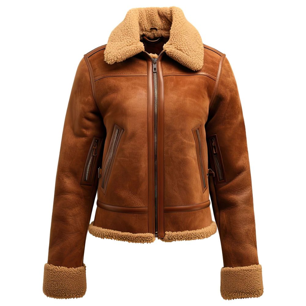 Brown Faux Shearling Fur Lined Collar Suede Leather Jacket For Women