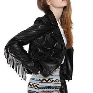 Classic Black Fringe Motorcycle Pure Lambskin Leather Jacket For Women