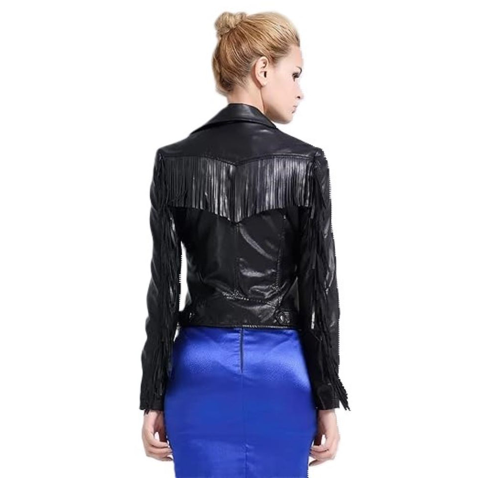 Classic Black Fringe Motorcycle Pure Lambskin Leather Jacket For Women