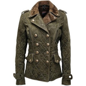 Winter Diamond Quilted Olive Green Pure Suede Leather Coat For Women