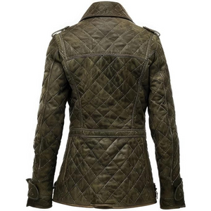 Winter Diamond Quilted Olive Green Pure Suede Leather Coat For Women