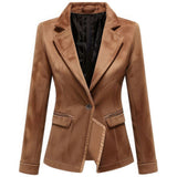 Dark Brown Pure Suede Notch Lapel Semi-Formal Leather Blazer For Women