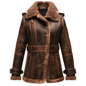 Brown Shearling Faux fur Lined Pure Sheepskin Leather Coat For Women