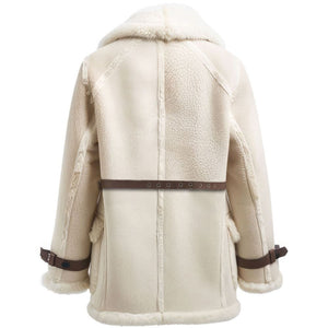 Beige Faux Fur Shearling Premium Leather Belted Trench Coat For Women