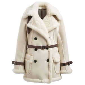 Beige Faux Fur Shearling Premium Leather Belted Trench Coat For Women