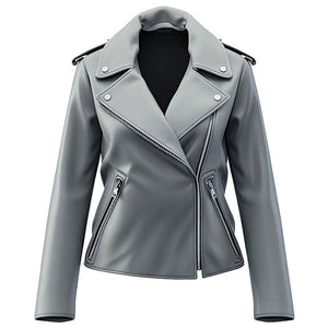 Winter Grey Pure Sheepskin Stylish Moto Biker Leather Jacket For Women