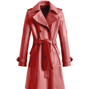 Double-Breasted Red Genuine Sheepskin Trench Leather Coat For Women