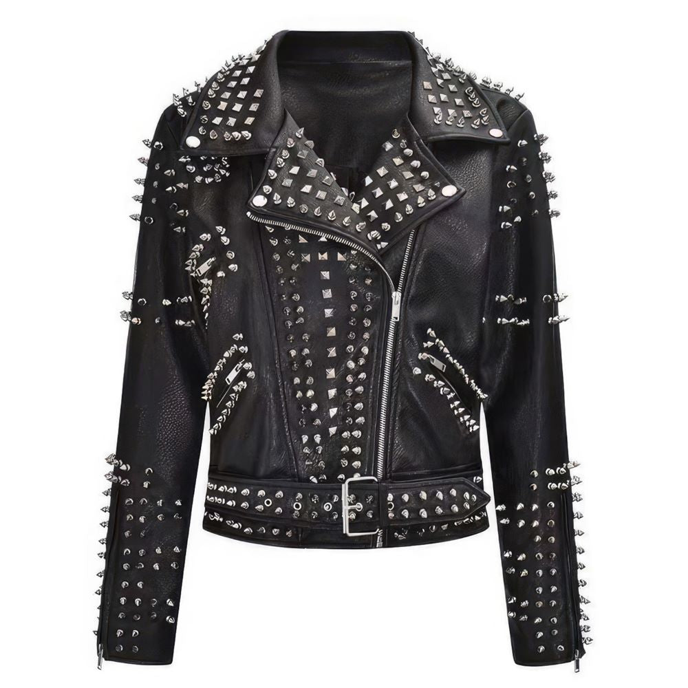 Slim-Fit Studded Moto Black Genuine Cowhide Leather Jacket For Women