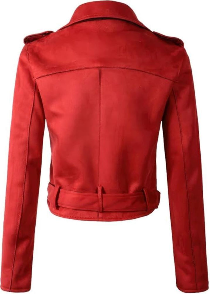 Classy Red Brando Motorcycle Pure Sheepskin Leather Jacket For Women