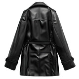 Black Double-Fronted Belted Genuine Sheepskin Leather Coat For Women