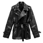 Black Double-Fronted Belted Genuine Sheepskin Leather Coat For Women