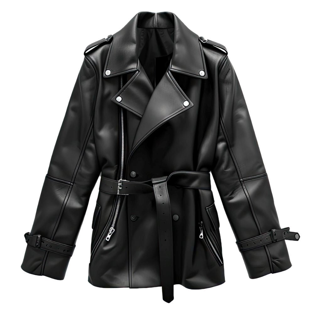 Black Double-Fronted Belted Genuine Sheepskin Leather Coat For Women