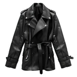 Black Double-Fronted Belted Genuine Sheepskin Leather Coat For Women