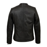 Black Quilted Shoulders Pure Sheepskin Racer Leather Jacket For Women