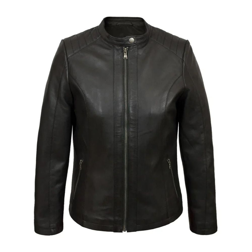 Black Quilted Shoulders Pure Sheepskin Racer Leather Jacket For Women