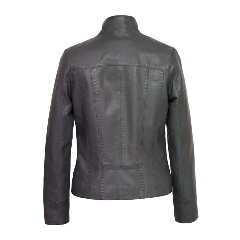 Black Stab-Stitch Style Pure Sheepskin Racer Leather Jacket For Women