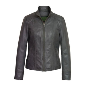 Black Stab-Stitch Style Pure Sheepskin Racer Leather Jacket For Women