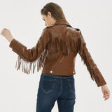 Classic Brown Fringed Tassels Pure Sheepskin Leather Jacket For Women