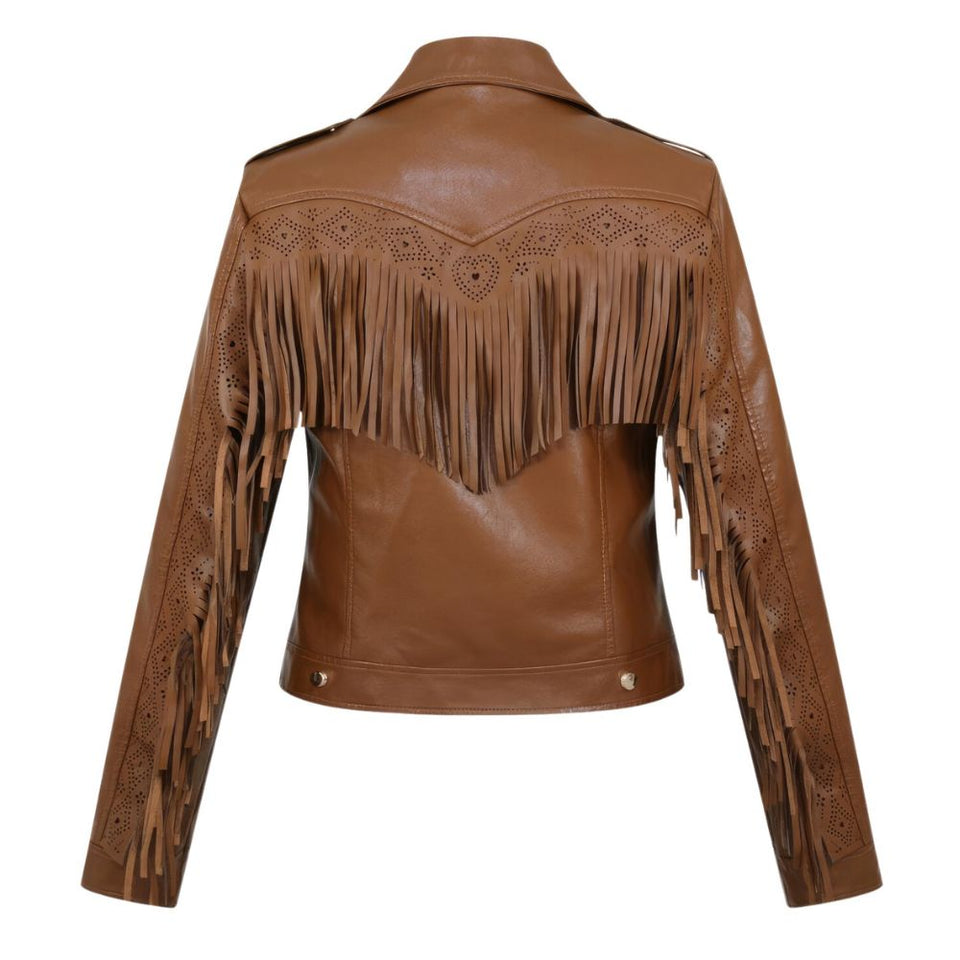 Classic Brown Fringed Tassels Pure Sheepskin Leather Jacket For Women