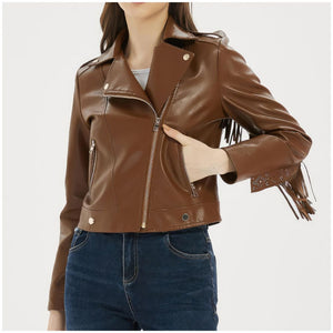 Classic Brown Fringed Tassels Pure Sheepskin Leather Jacket For Women