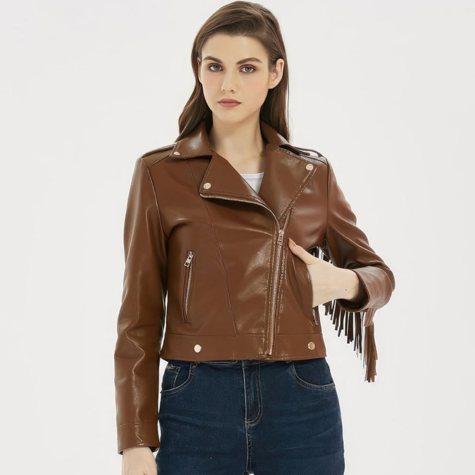 Classic Brown Fringed Tassels Pure Sheepskin Leather Jacket For Women