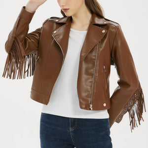 Classic Brown Fringed Tassels Pure Sheepskin Leather Jacket For Women