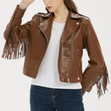 Classic Brown Fringed Tassels Pure Sheepskin Leather Jacket For Women