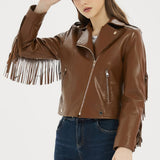 Classic Brown Fringed Tassels Pure Sheepskin Leather Jacket For Women