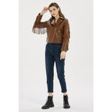 Classic Brown Fringed Tassels Pure Sheepskin Leather Jacket For Women