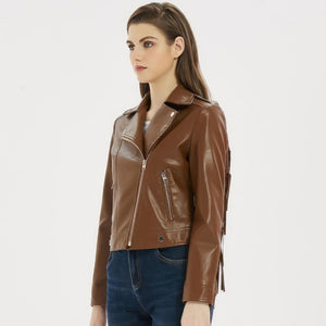 Classic Brown Fringed Tassels Pure Sheepskin Leather Jacket For Women