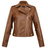 Classic Brown Fringed Tassels Pure Sheepskin Leather Jacket For Women