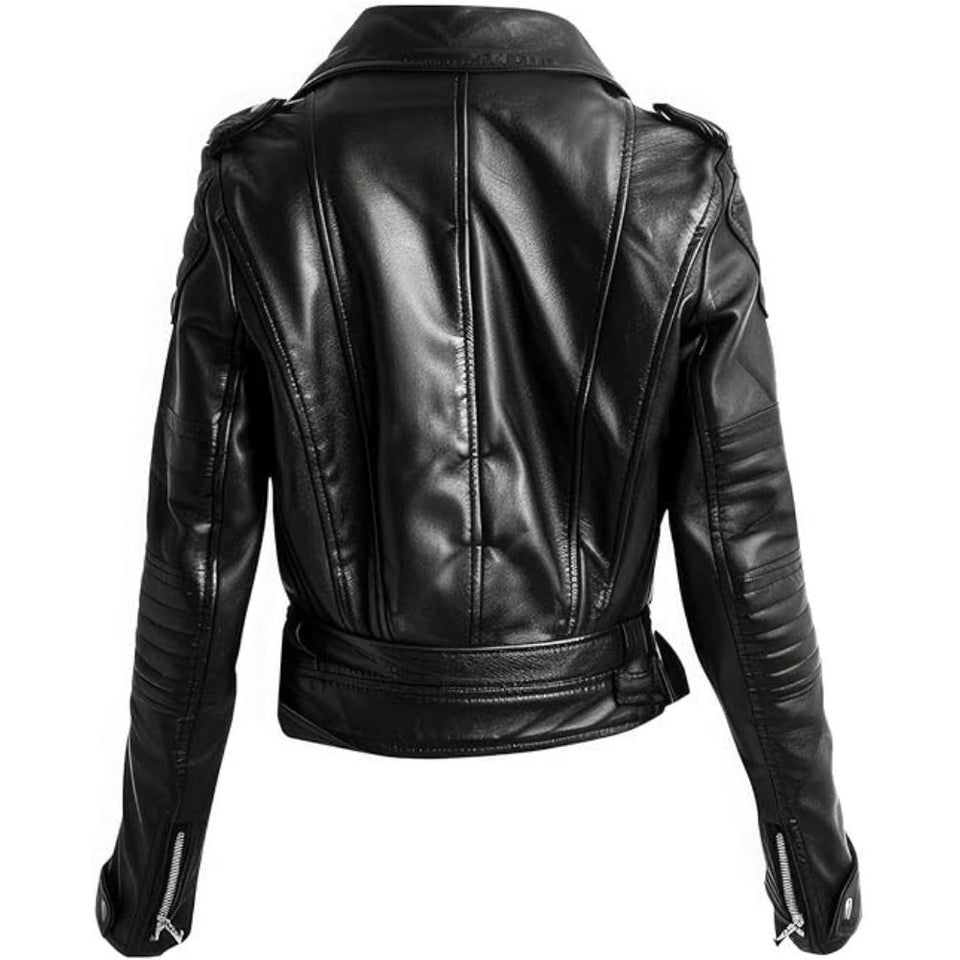 Classic Black Cropped Premium Lambskin Biker Leather Jacket For Women