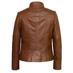 Cognac Brown Vertical Seams Genuine Sheepskin Leather Jacket For Women