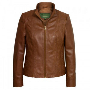 Cognac Brown Vertical Seams Genuine Sheepskin Leather Jacket For Women