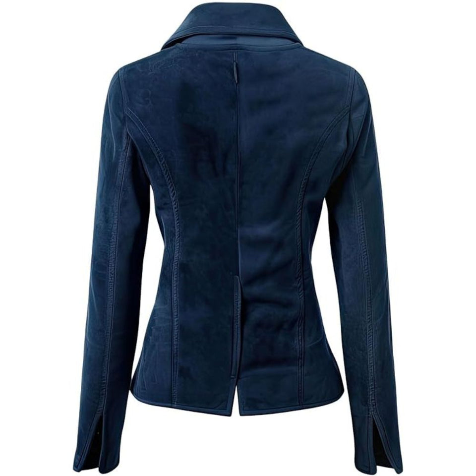 Navy Blue Lapel Collar Two Button Pure Suede Leather Blazer For Women