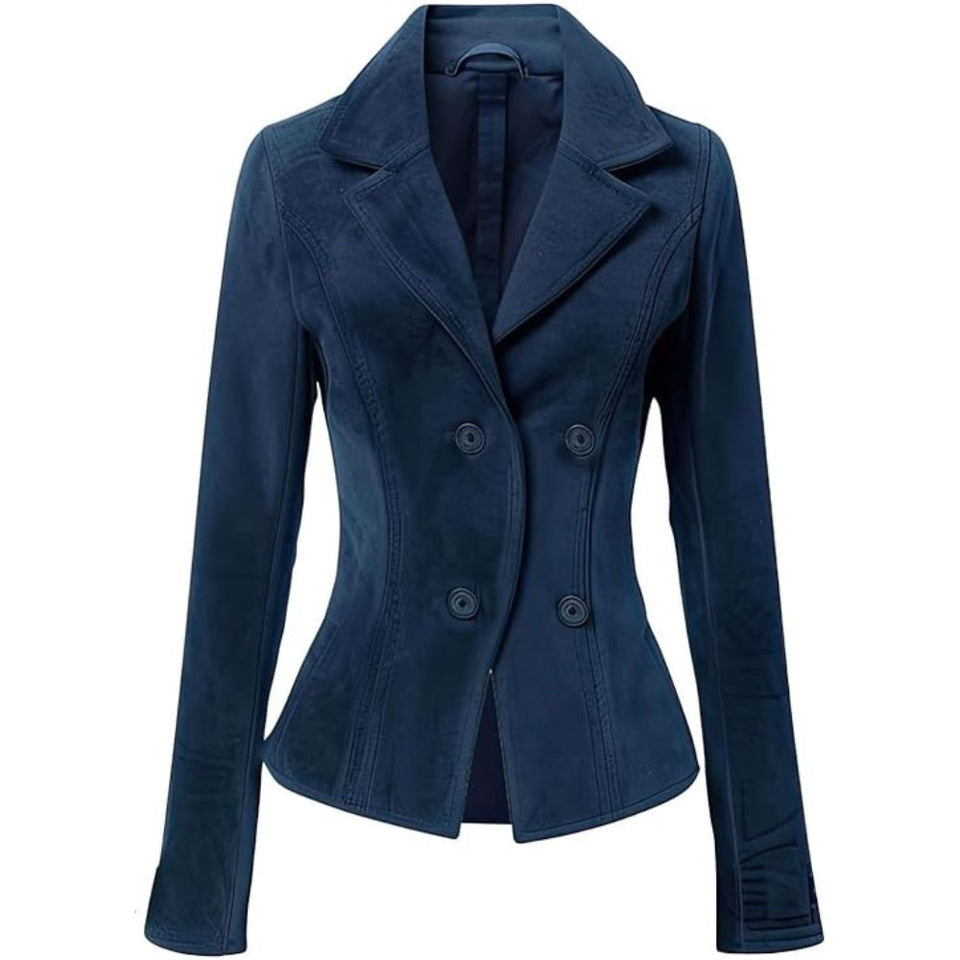 Navy Blue Lapel Collar Two Button Pure Suede Leather Blazer For Women