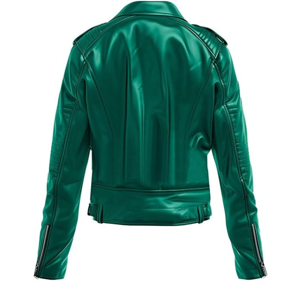 Rich Emerald Green Motorcycle Pure Sheepskin Leather Jacket For Women